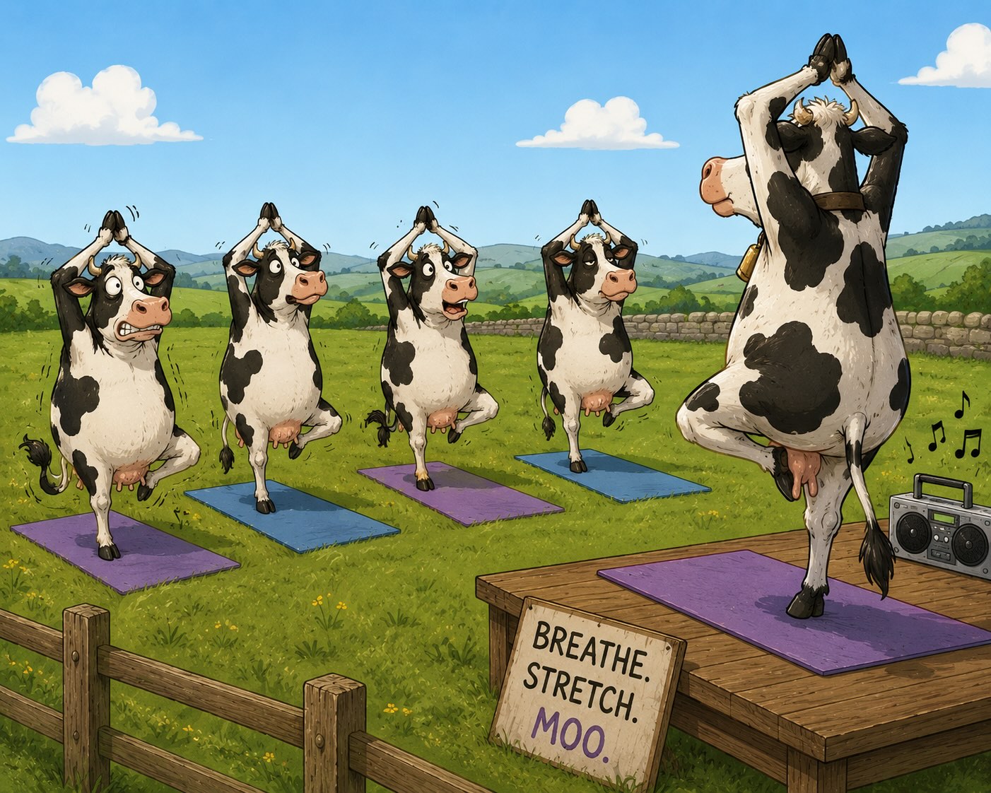 Cow cartoon about a dance class for cows