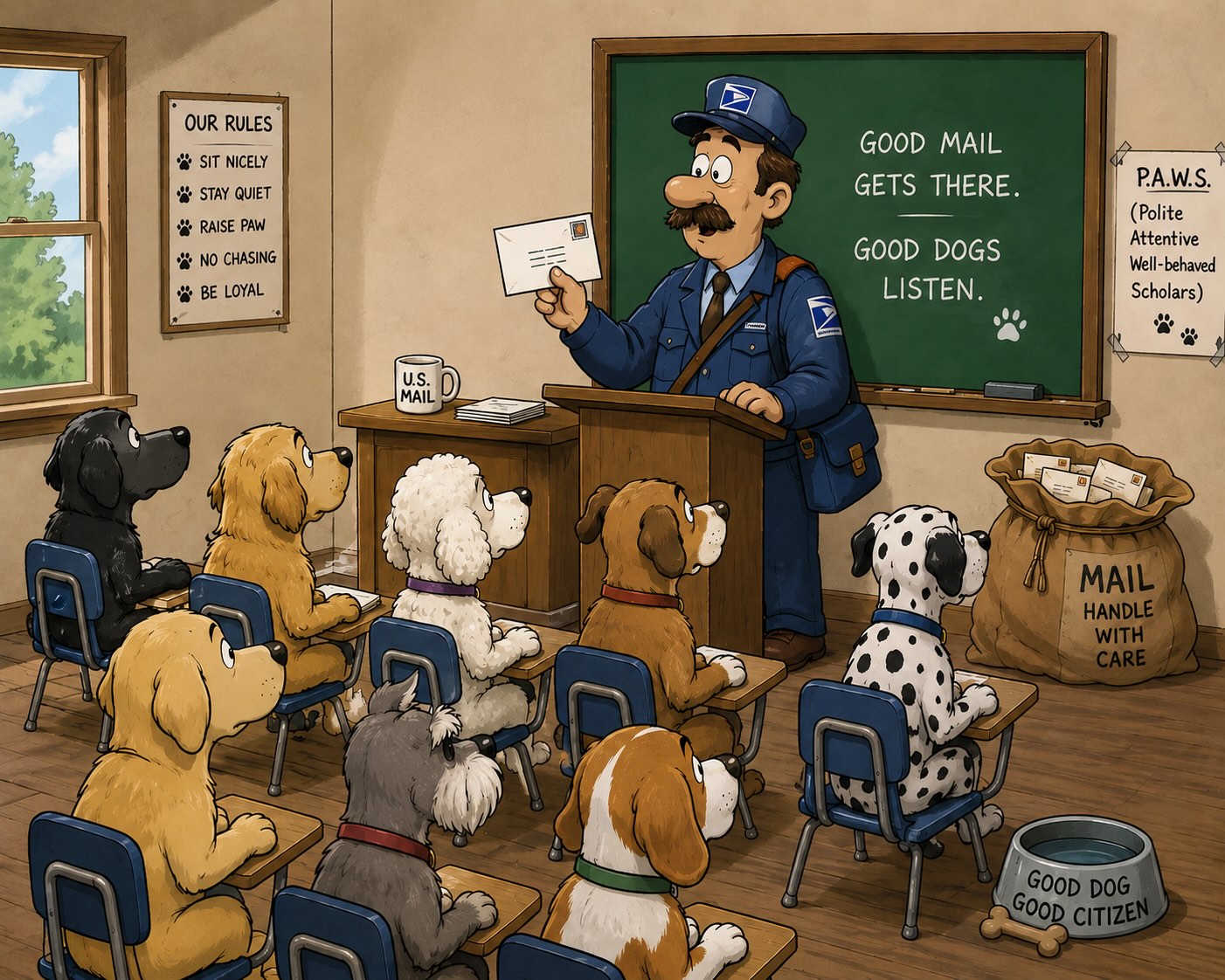 Dog cartoon with the caption And don't bite the mailman!