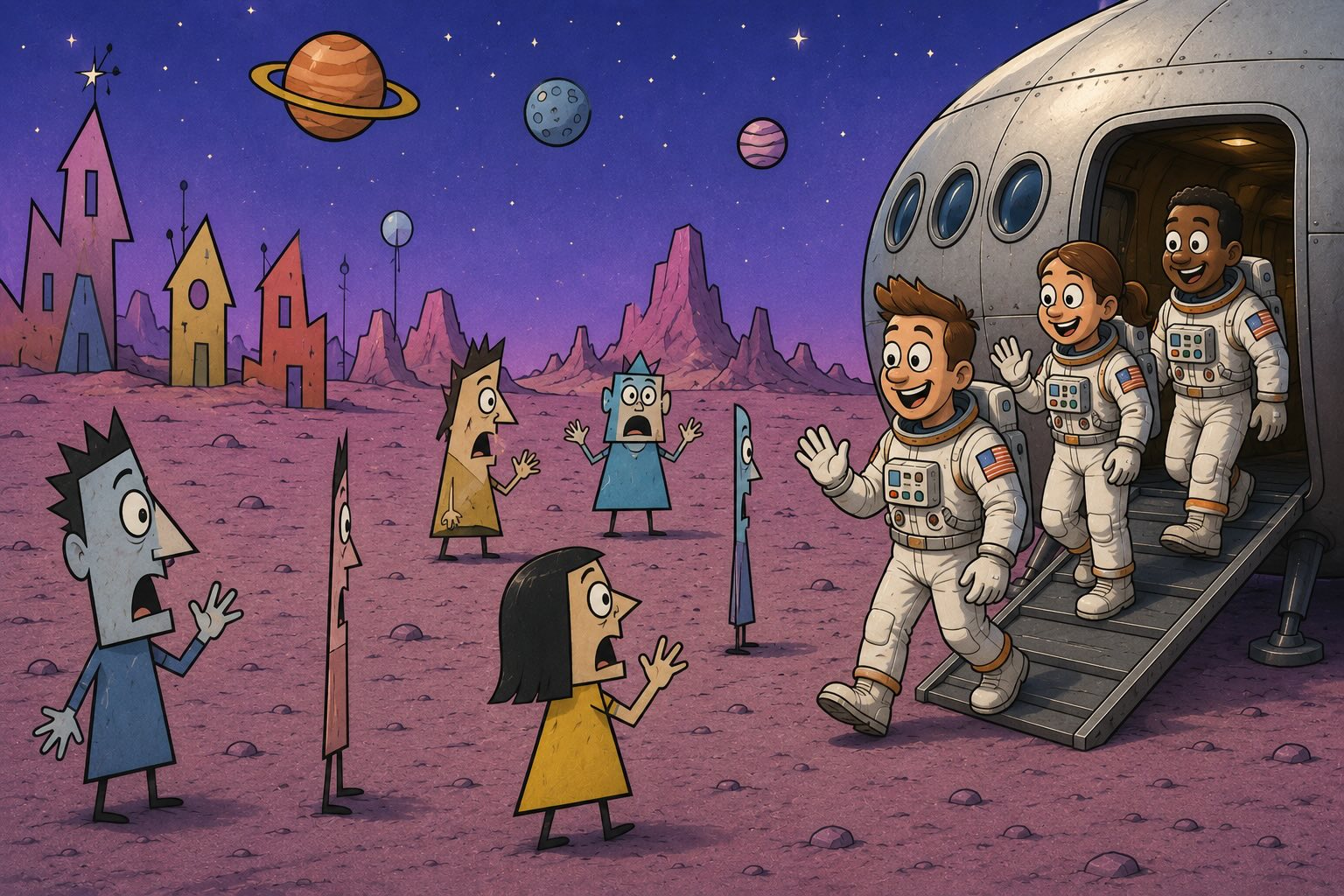 Planet of two-dimensional people cartoon