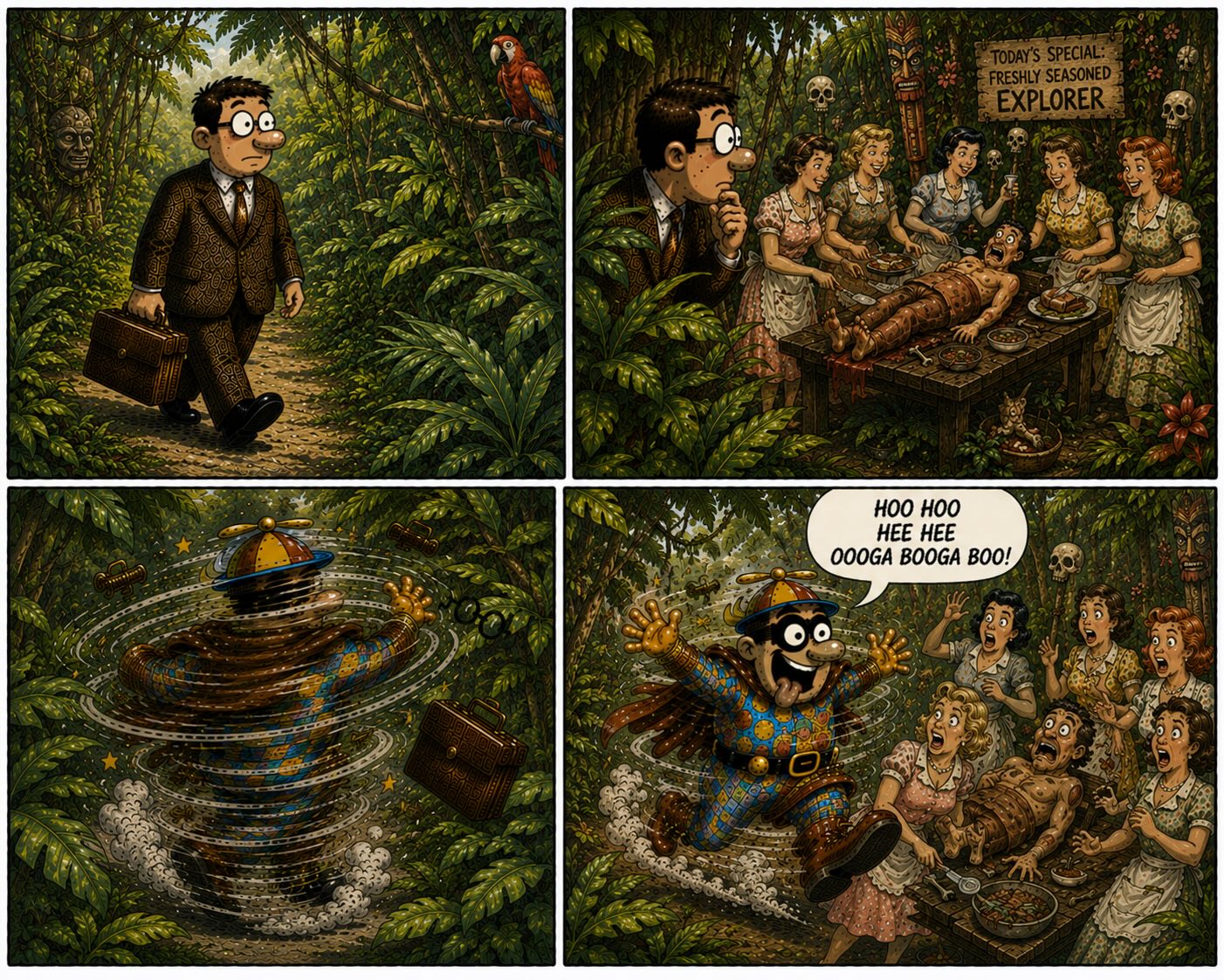 Silly hero interrupts jungle dinner